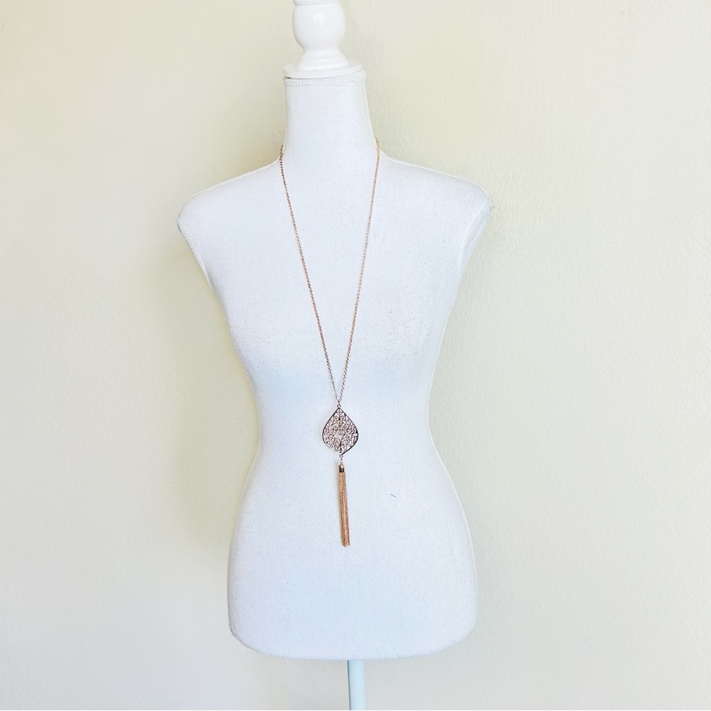 NWT A New Day Gold Leaf Pendant Tassel Drop Necklace